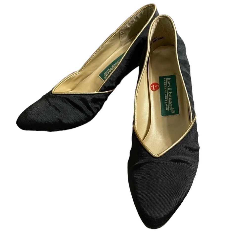 Vintage Harvé Benard black with gold trim Grosgrain Pumps size 7.5 NWOT